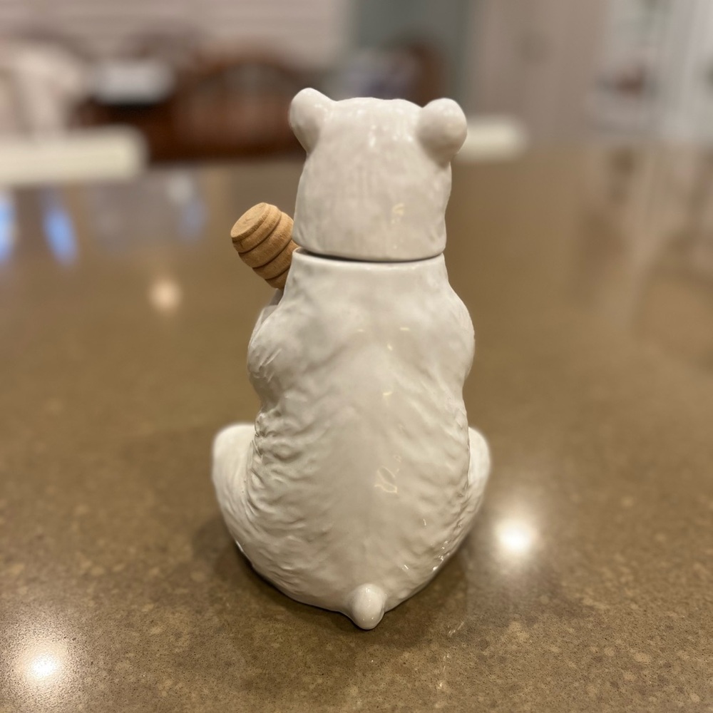 White Ceramic Bear Honey Jar Holding Bamboo Honey Dipper - Creative Co-Op. - Picture 3 of 8